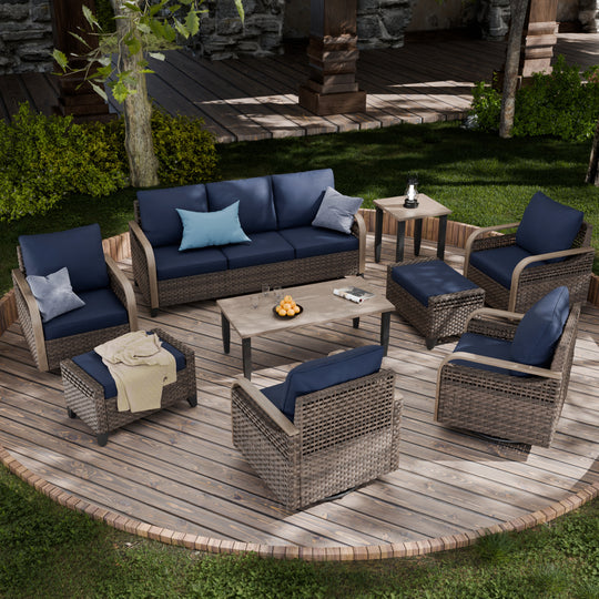 COOS BAY Modern 9 PCS Furniture Set w/ 4 Swivel Rocking Chairs, Couch, Ottomans, Coffee Table and Side Table