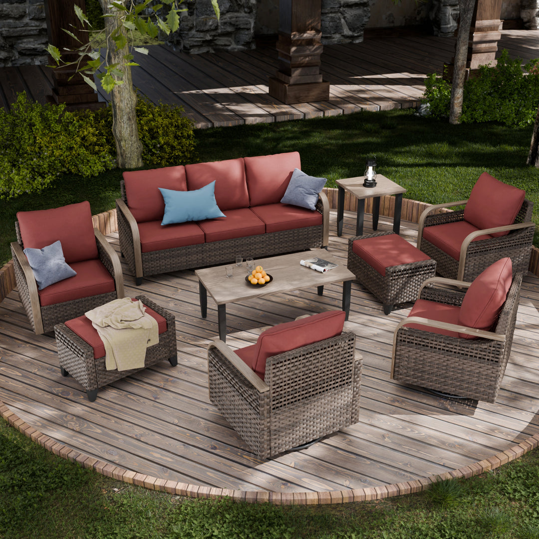 COOS BAY Modern 9 PCS Furniture Set w/ 4 Swivel Rocking Chairs, Couch, Ottomans, Coffee Table and Side Table