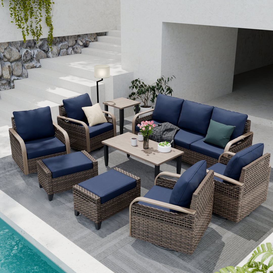 COOS BAY Modern 9 PCS Furniture Set w/ 4 Swivel Rocking Chairs, Couch, Ottomans, Coffee Table and Side Table