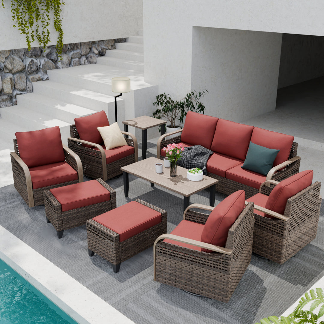 COOS BAY Modern 9 PCS Furniture Set w/ 4 Swivel Rocking Chairs, Couch, Ottomans, Coffee Table and Side Table
