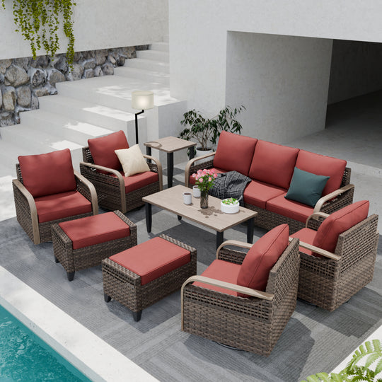 COOS BAY Modern 9 PCS Furniture Set w/ 4 Swivel Rocking Chairs, Couch, Ottomans, Coffee Table and Side Table