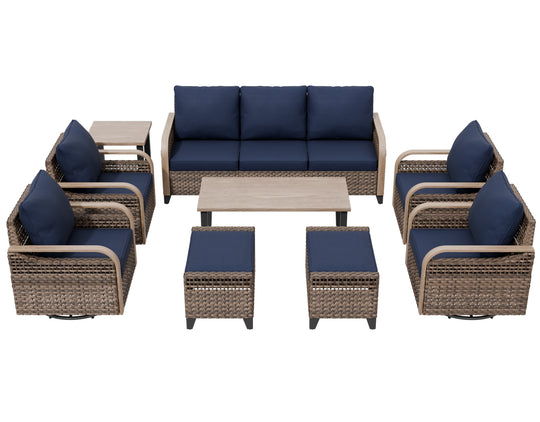 COOS BAY Modern 9 PCS Furniture Set w/ 4 Swivel Rocking Chairs, Couch, Ottomans, Coffee Table and Side Table