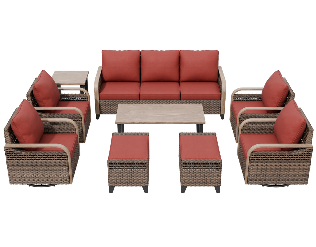 COOS BAY Modern 9 PCS Furniture Set w/ 4 Swivel Rocking Chairs, Couch, Ottomans, Coffee Table and Side Table