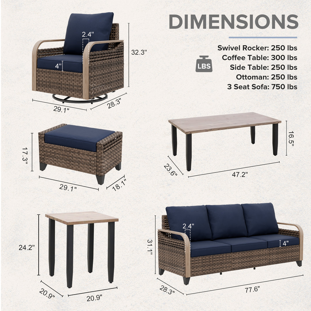 COOS BAY Modern 9 PCS Furniture Set w/ 4 Swivel Rocking Chairs, Couch, Ottomans, Coffee Table and Side Table