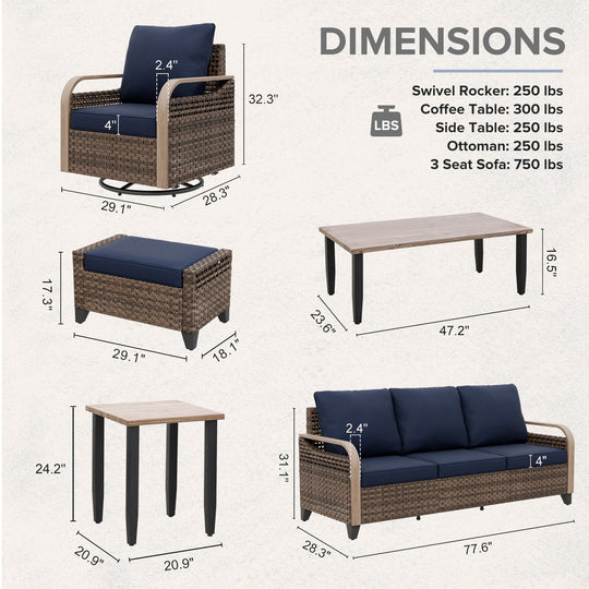 COOS BAY Modern 9 PCS Furniture Set w/ 4 Swivel Rocking Chairs, Couch, Ottomans, Coffee Table and Side Table