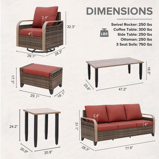 COOS BAY Modern 9 PCS Furniture Set w/ 4 Swivel Rocking Chairs, Couch, Ottomans, Coffee Table and Side Table