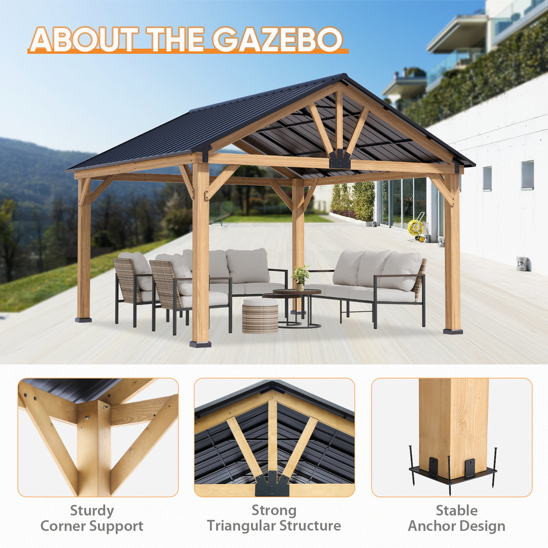 COOS BAY 13x15 Hardtop Gazebo, Natural Wood/Black