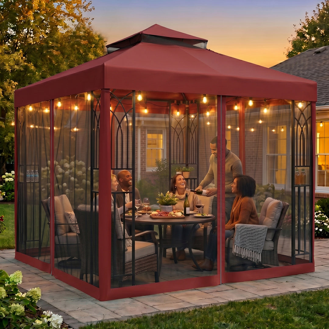 COOS BAY 8x8 Patio Gazebo with Corner Shelves and Mesh Netting