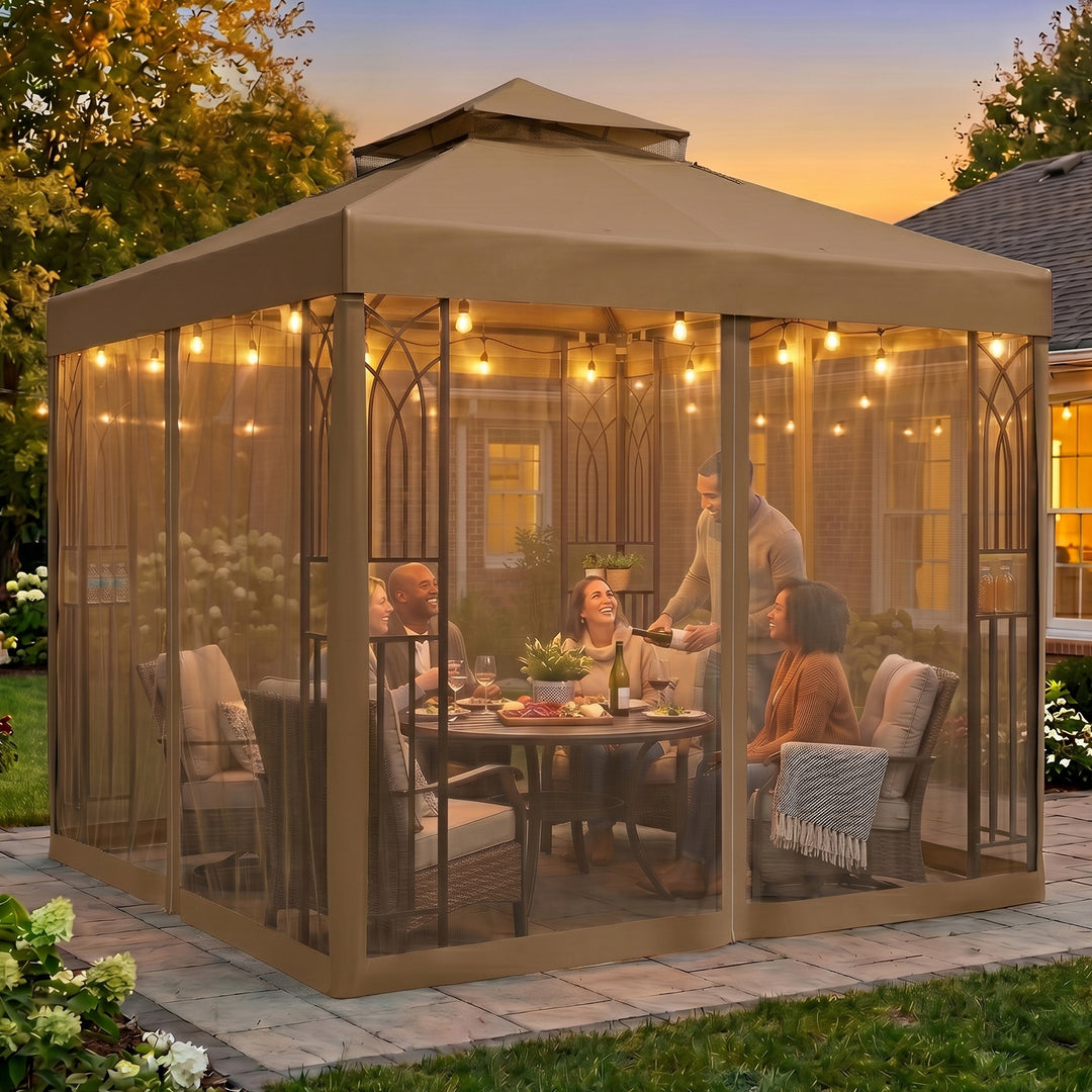 COOS BAY 8x8 Patio Gazebo with Corner Shelves and Mesh Netting