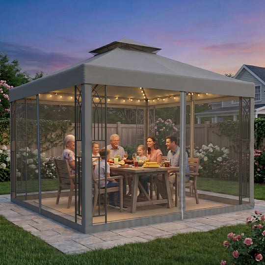 COOS BAY 10x10 Patio Gazebo with Corner Shelves and Mesh Netting