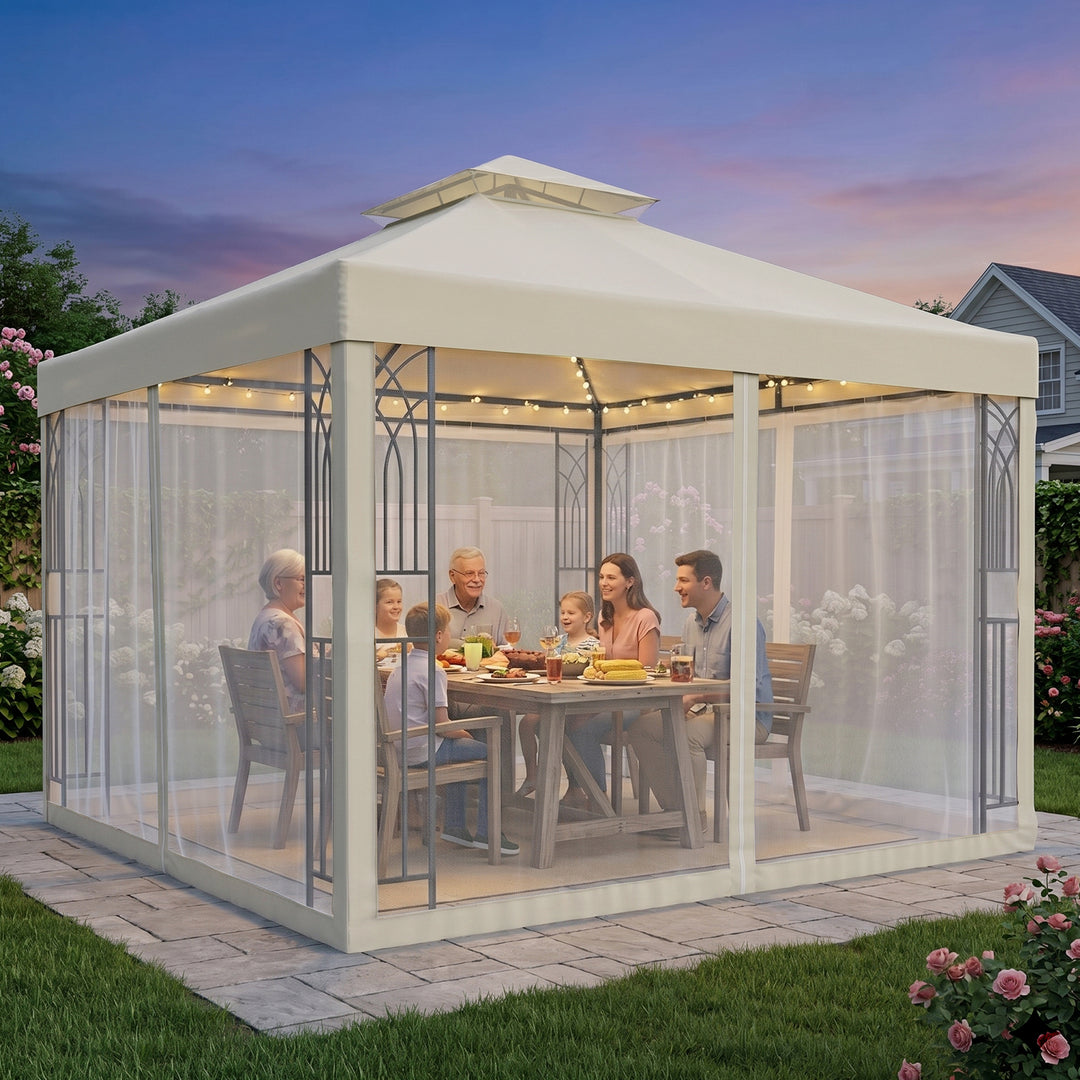 COOS BAY 10x10 Patio Gazebo with Corner Shelves and Mesh Netting
