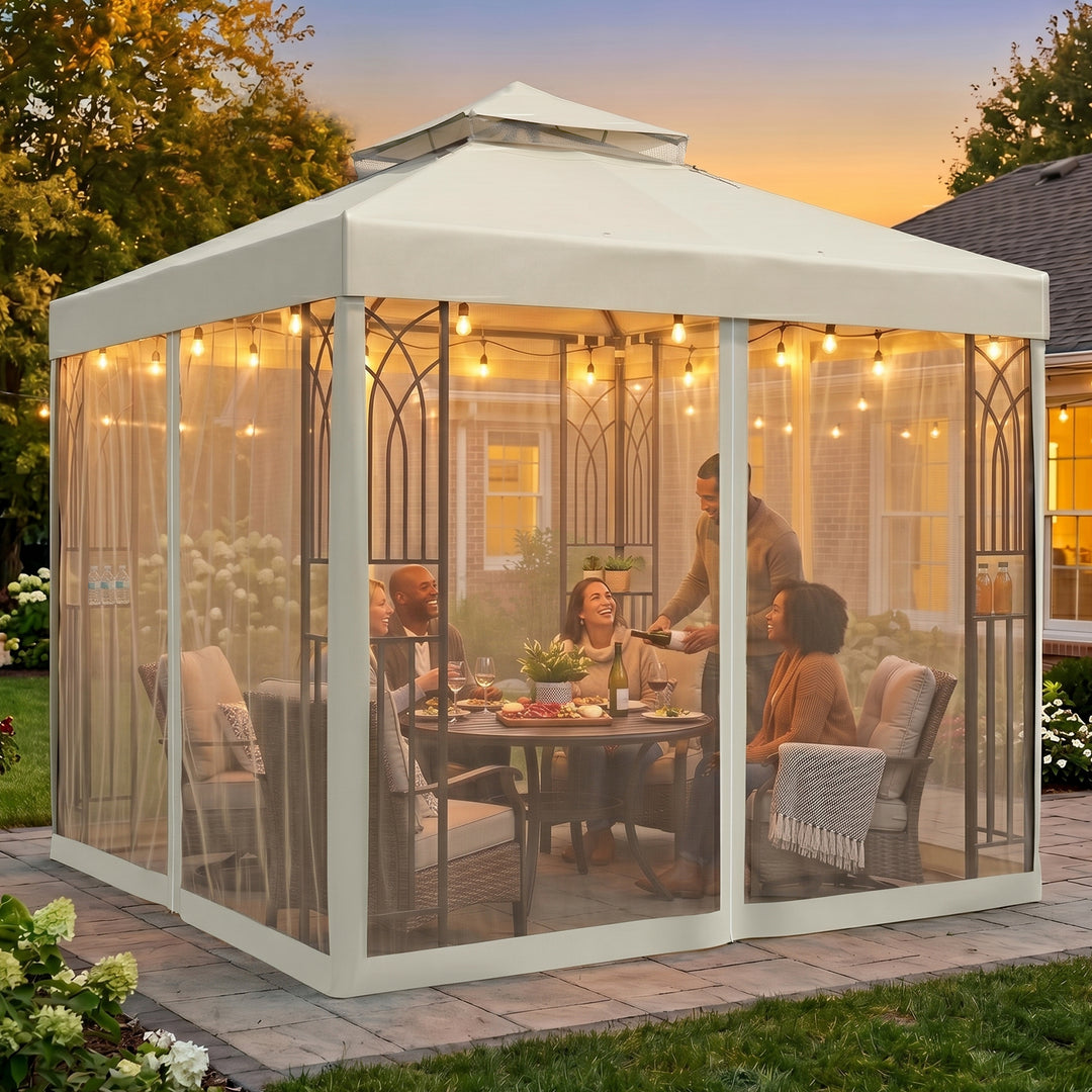 COOS BAY 8x8 Patio Gazebo with Corner Shelves and Mesh Netting
