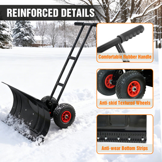 COOS BAY 29” Wheeled Snow Shovel Single/Double Rod Snow Pusher with Adjustable Angle