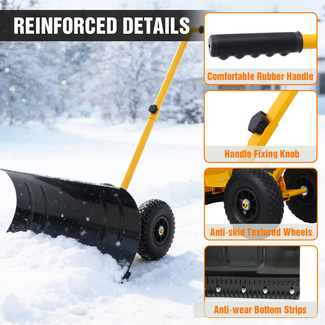 COOS BAY Wheeled Snow Shovel Single/Double Rod Snow Pusher with Adjustable Angle