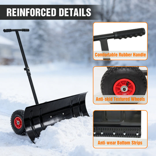 COOS BAY Wheeled Snow Shovel Single/Double Rod Snow Pusher with Adjustable Angle