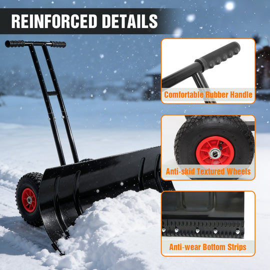 COOS BAY Wheeled Snow Shovel Single/Double Rod Snow Pusher with Adjustable Angle