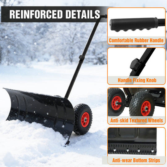 COOS BAY Wheeled Snow Shovel Single/Double Rod Snow Pusher with Adjustable Angle