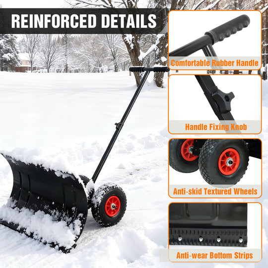 COOS BAY 29” Wheeled Snow Shovel Single/Double Rod Snow Pusher with Adjustable Angle