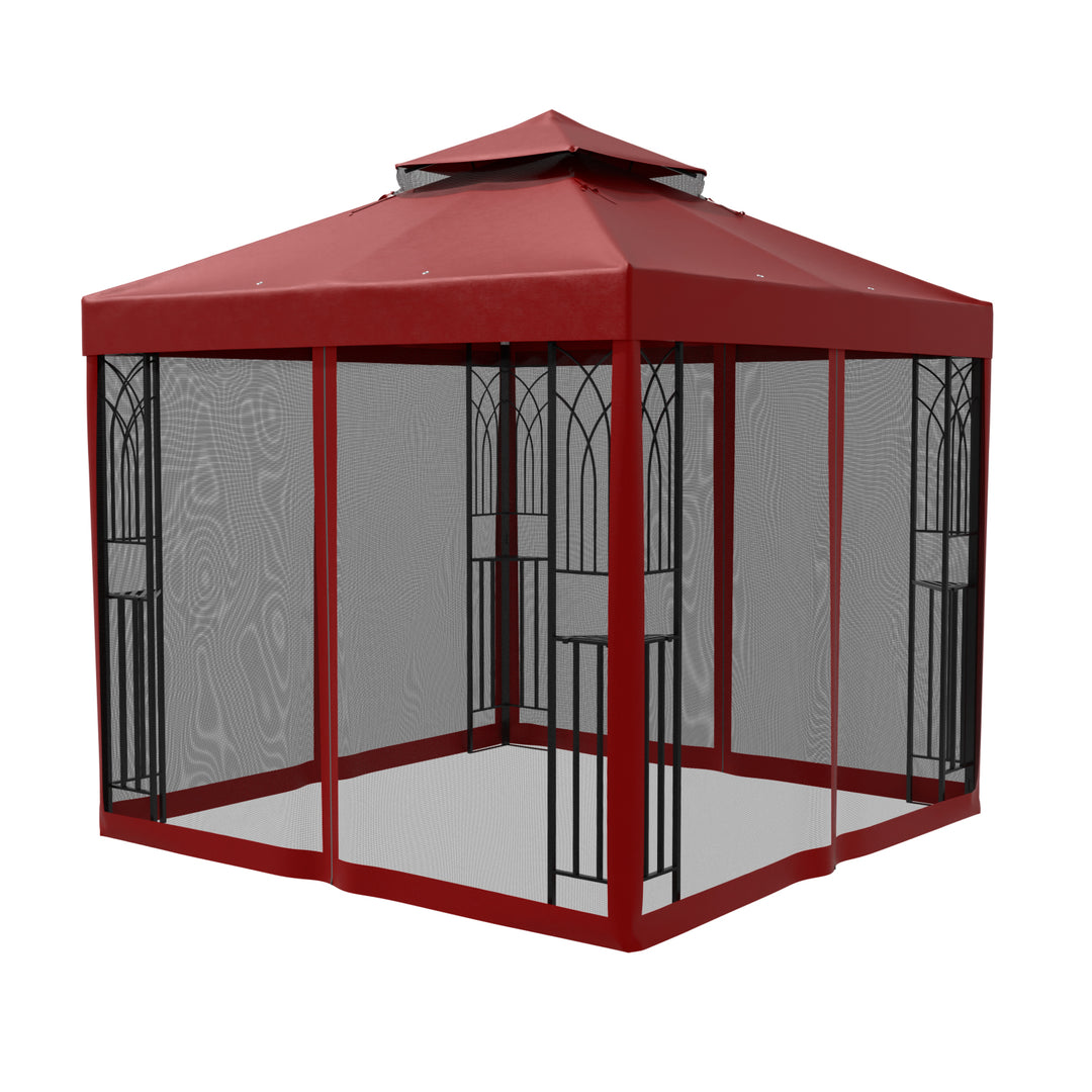 COOS BAY 8x8 Outdoor Patio Gazebo with Netting and Corner Shelves