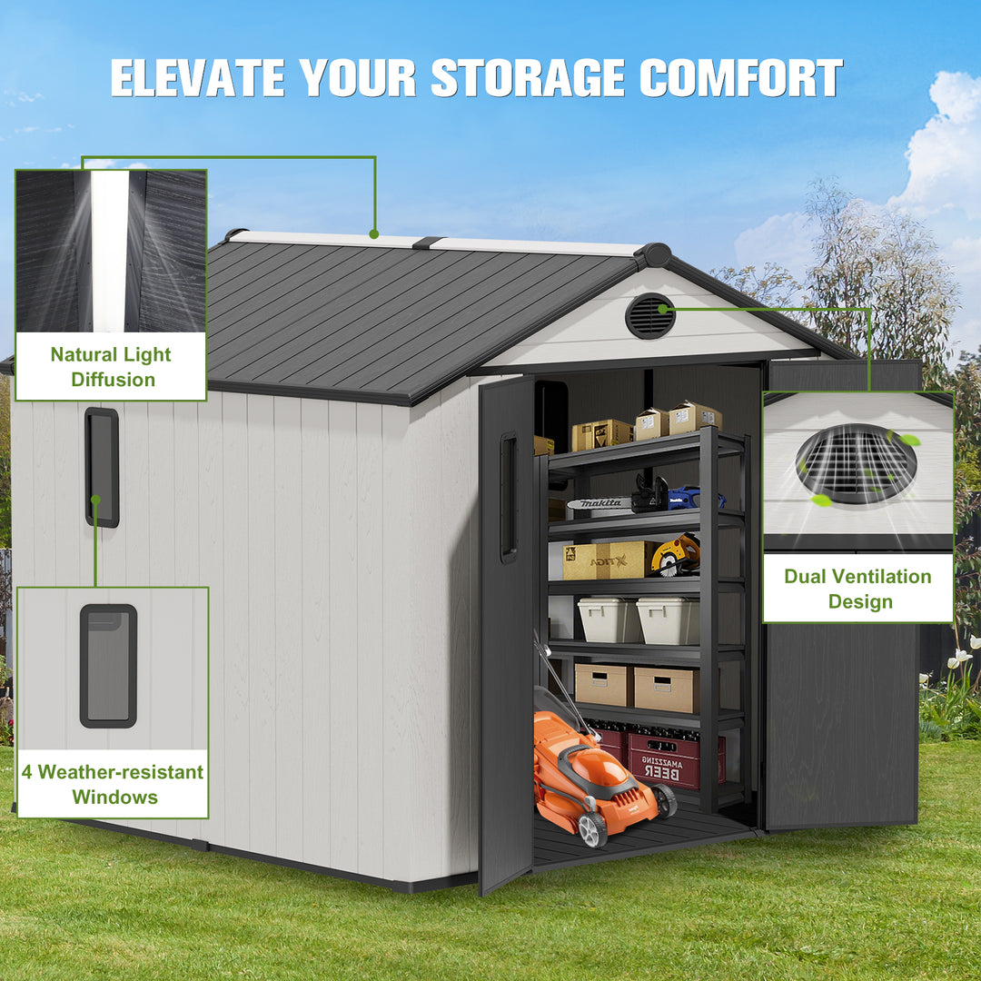 COOS BAY 8x6/8x8 Resin Outdoor Storage Shed, Garden Shed with Lockable Double Doors