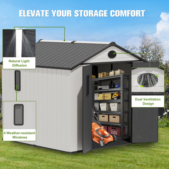 COOS BAY 8x6/8x8 Resin Outdoor Storage Shed, Garden Shed with Lockable Double Doors