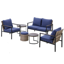 Load image into Gallery viewer, COOS BAY 6 Pieces Patio Furniture Set,  Includes Patio Chairs, 2 Seater Loveseat, Nesting Coffee Tables and Ottoman, Beige/Blue