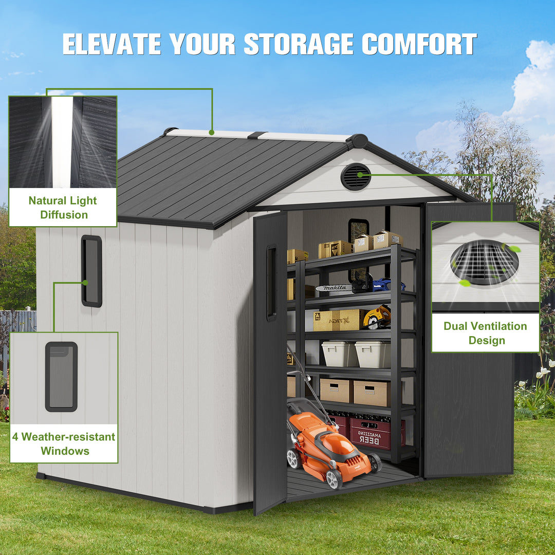 COOS BAY 8x6/8x8 Resin Outdoor Storage Shed, Garden Shed with Lockable Double Doors