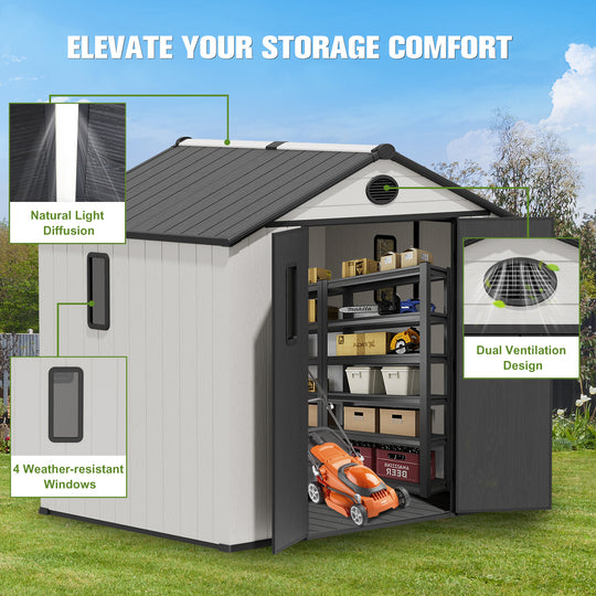 COOS BAY 8x6/8x8 Resin Outdoor Storage Shed, Garden Shed with Lockable Double Doors