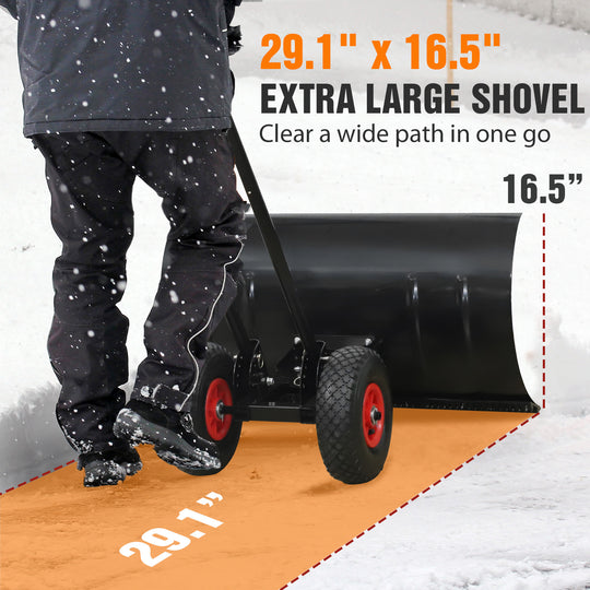 COOS BAY 29” Wheeled Snow Shovel Single/Double Rod Snow Pusher with Adjustable Angle