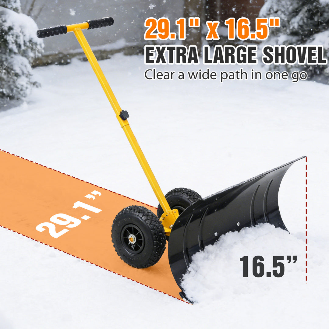 COOS BAY Wheeled Snow Shovel Single/Double Rod Snow Pusher with Adjustable Angle