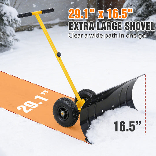 COOS BAY Wheeled Snow Shovel Single/Double Rod Snow Pusher with Adjustable Angle