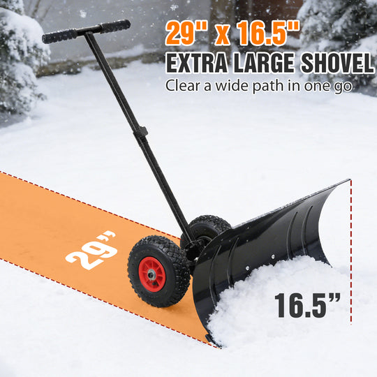 COOS BAY Wheeled Snow Shovel Single/Double Rod Snow Pusher with Adjustable Angle