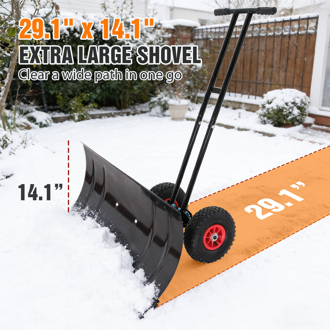 COOS BAY Wheeled Snow Shovel Single/Double Rod Snow Pusher with Adjustable Angle