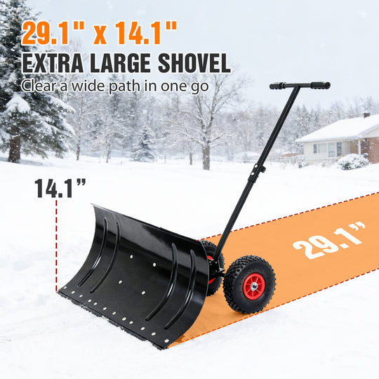 COOS BAY Wheeled Snow Shovel Single/Double Rod Snow Pusher with Adjustable Angle