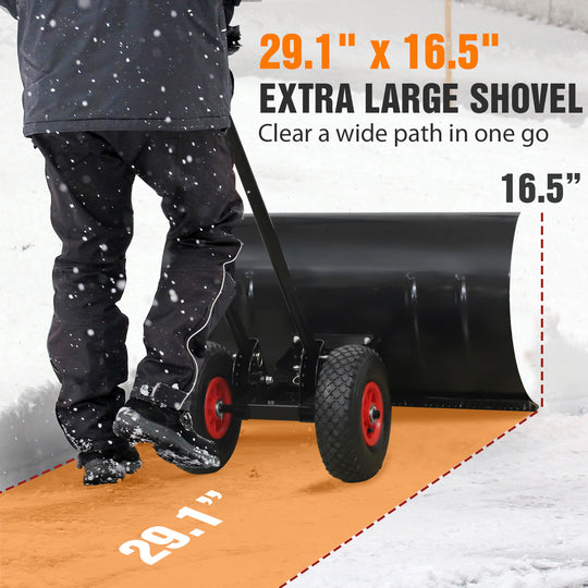 COOS BAY 29” Wheeled Snow Shovel Single/Double Rod Snow Pusher with Adjustable Angle