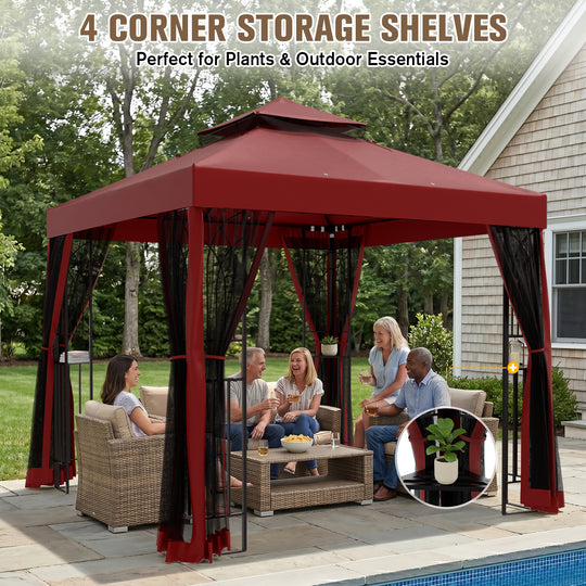 COOS BAY 8x8 Patio Gazebo with Corner Shelves and Mesh Netting