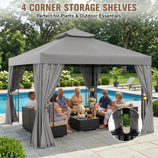 COOS BAY 10x10 Patio Gazebo with Corner Shelves and Mesh Netting