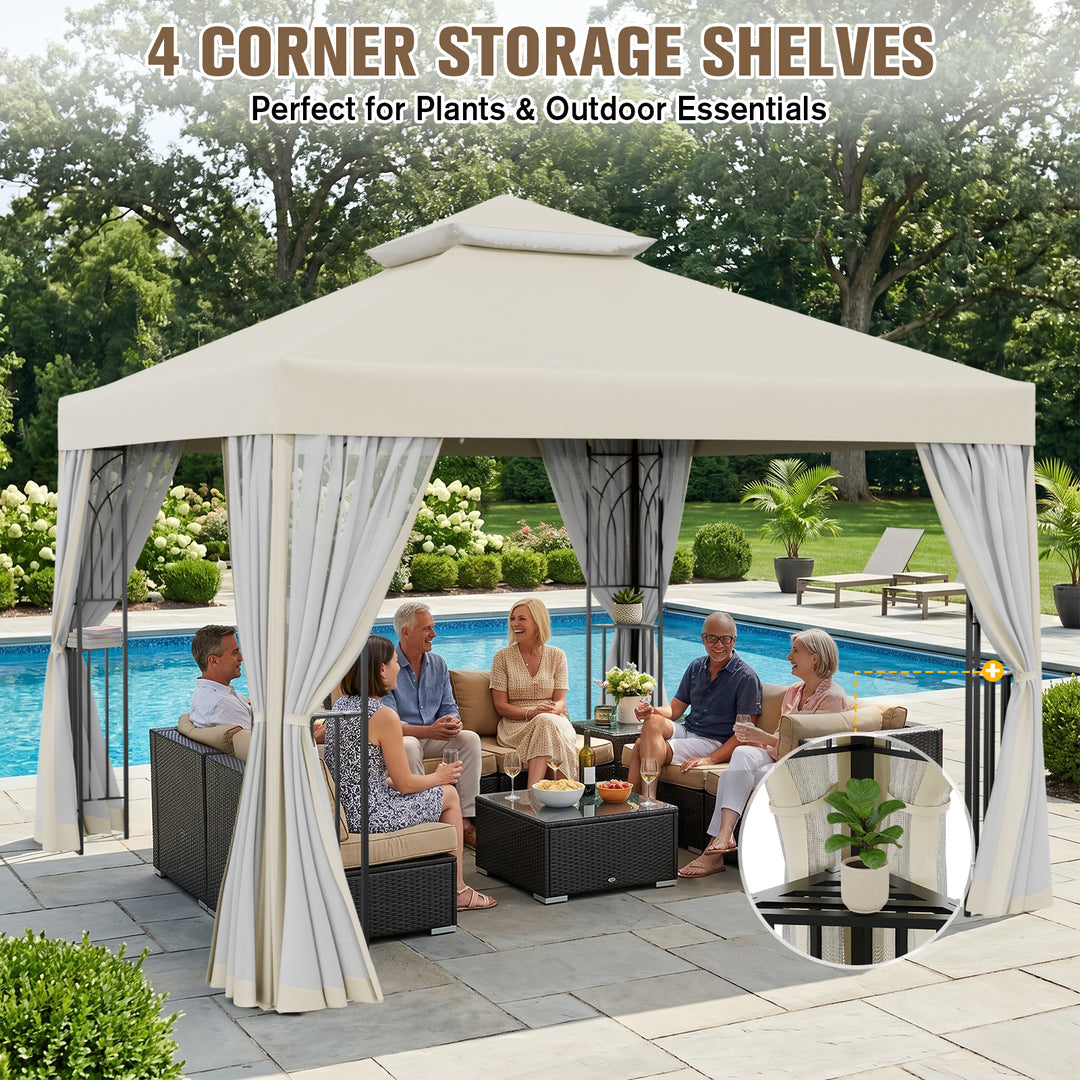 COOS BAY 10x10 Patio Gazebo with Corner Shelves and Mesh Netting