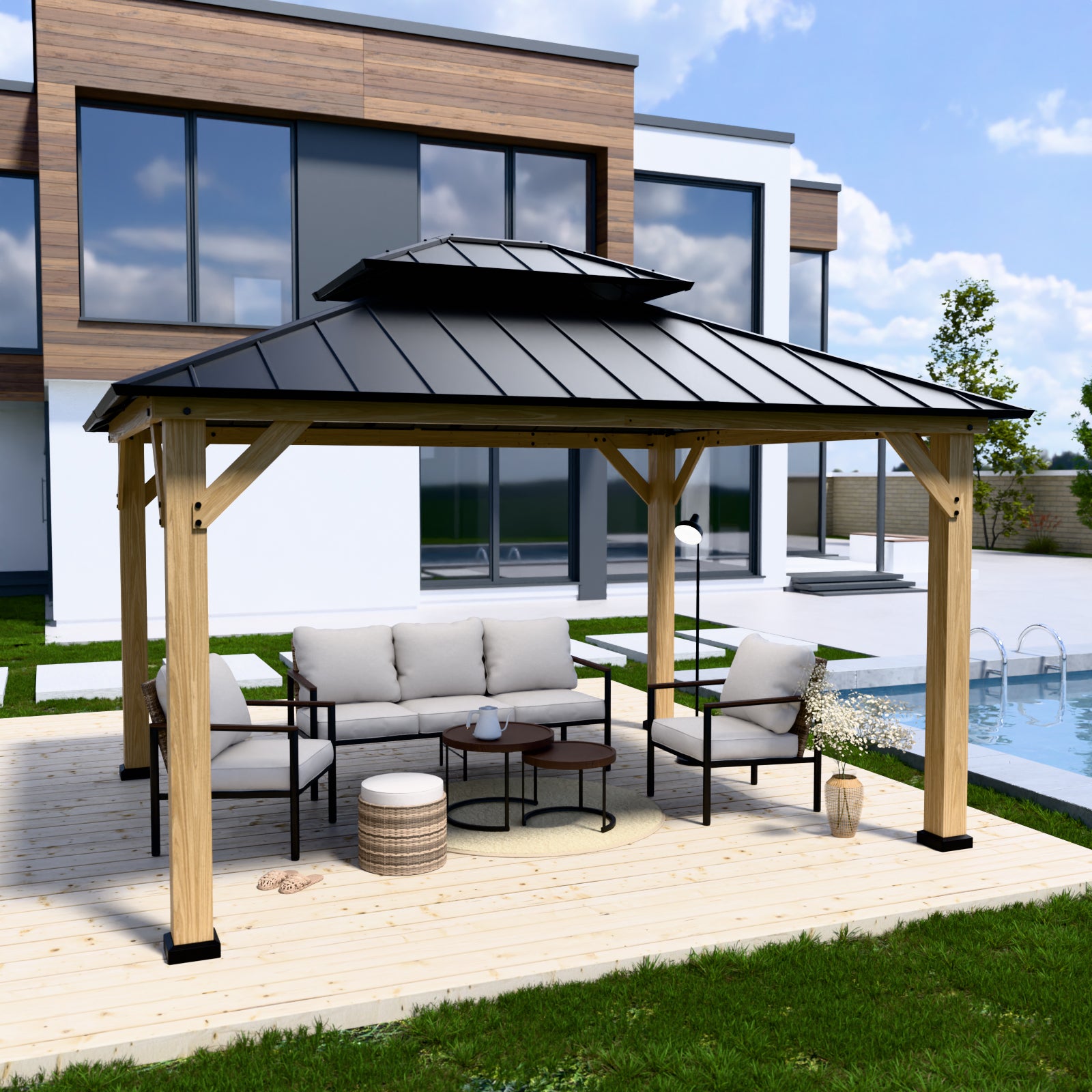 COOS BAY 13x11 Outdoor Wooden Gazebo w/ Double Roof – COOS BAY