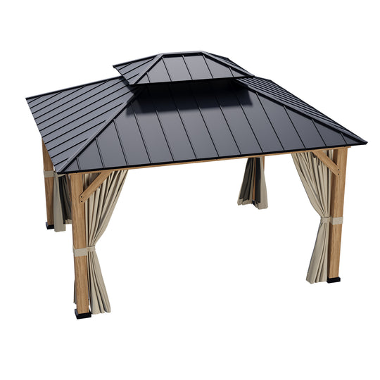 COOS BAY 11x13 Hardtop Gazebo w/ Netting and Curtains, Natural Wood/Black