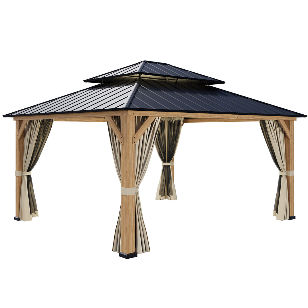 COOS BAY 13x15 Hardtop Gazebo with Cedar Wood Frame, Netting and Curtains, Natural Wood/Black