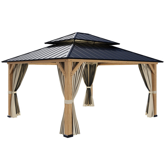 COOS BAY 13x15 Hardtop Gazebo with Cedar Wood Frame, Netting and Curtains, Natural Wood/Black