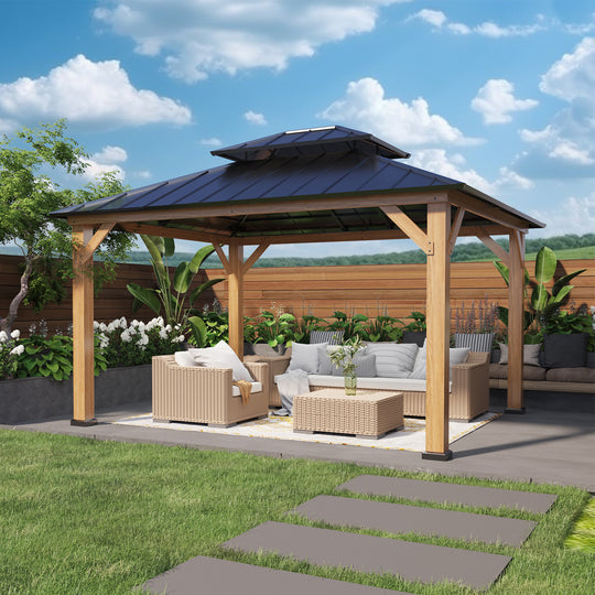 COOS BAY 13x11 Outdoor Wooden Gazebo w/ Double Roof