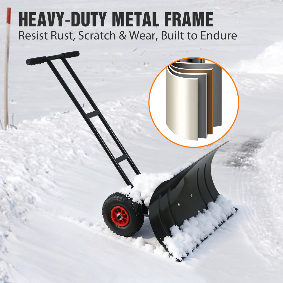 COOS BAY 29” Wheeled Snow Shovel Single/Double Rod Snow Pusher with Adjustable Angle