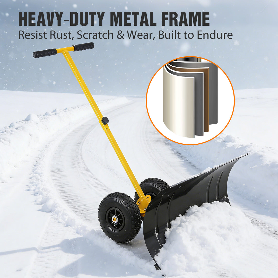 COOS BAY Wheeled Snow Shovel Single/Double Rod Snow Pusher with Adjustable Angle