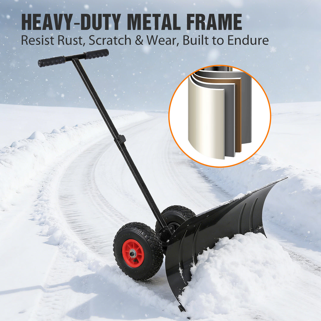 COOS BAY Wheeled Snow Shovel Single/Double Rod Snow Pusher with Adjustable Angle