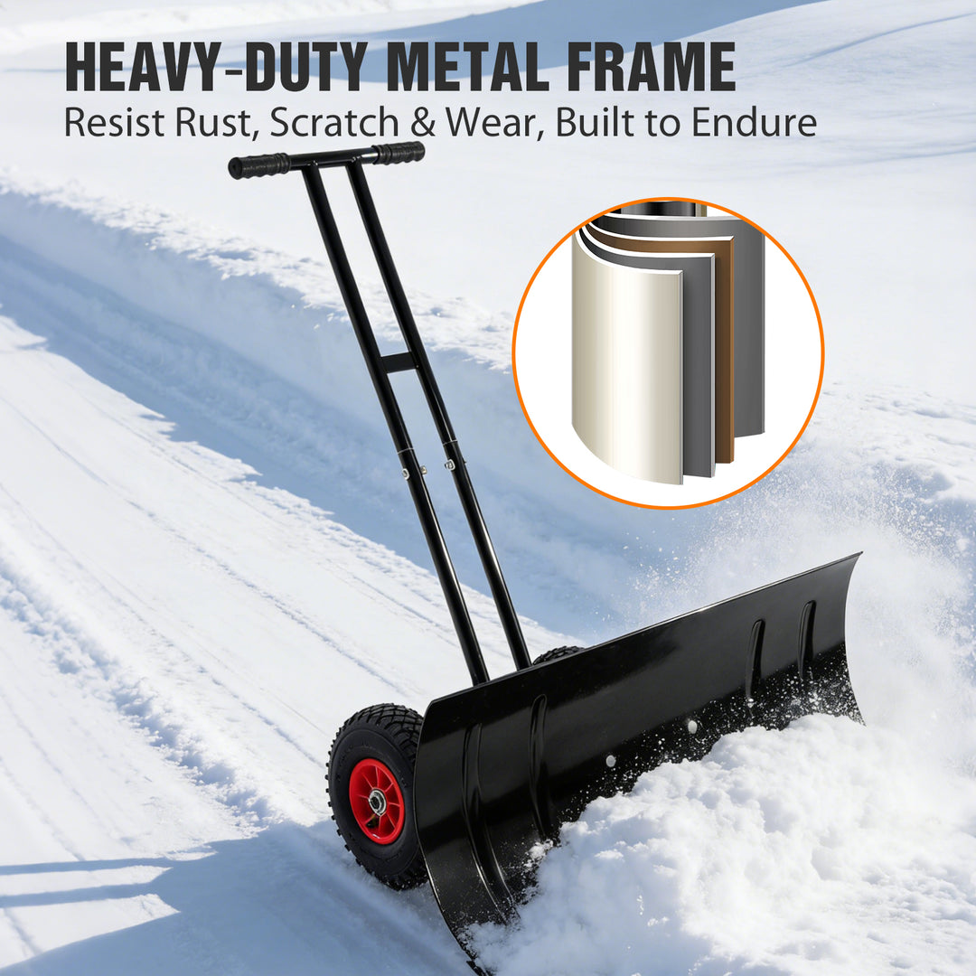 COOS BAY Wheeled Snow Shovel Single/Double Rod Snow Pusher with Adjustable Angle