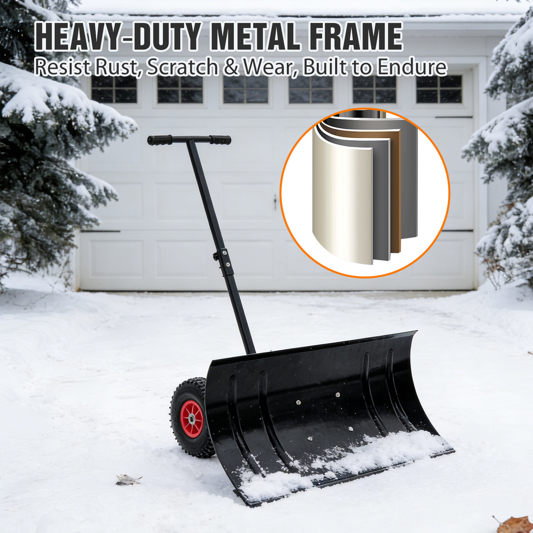 COOS BAY Wheeled Snow Shovel Single/Double Rod Snow Pusher with Adjustable Angle