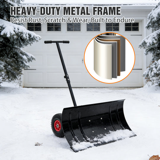 COOS BAY Wheeled Snow Shovel Single/Double Rod Snow Pusher with Adjustable Angle