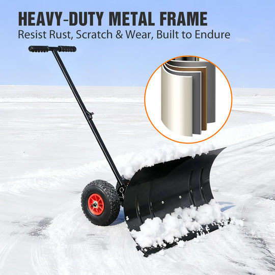 COOS BAY 29” Wheeled Snow Shovel Single/Double Rod Snow Pusher with Adjustable Angle
